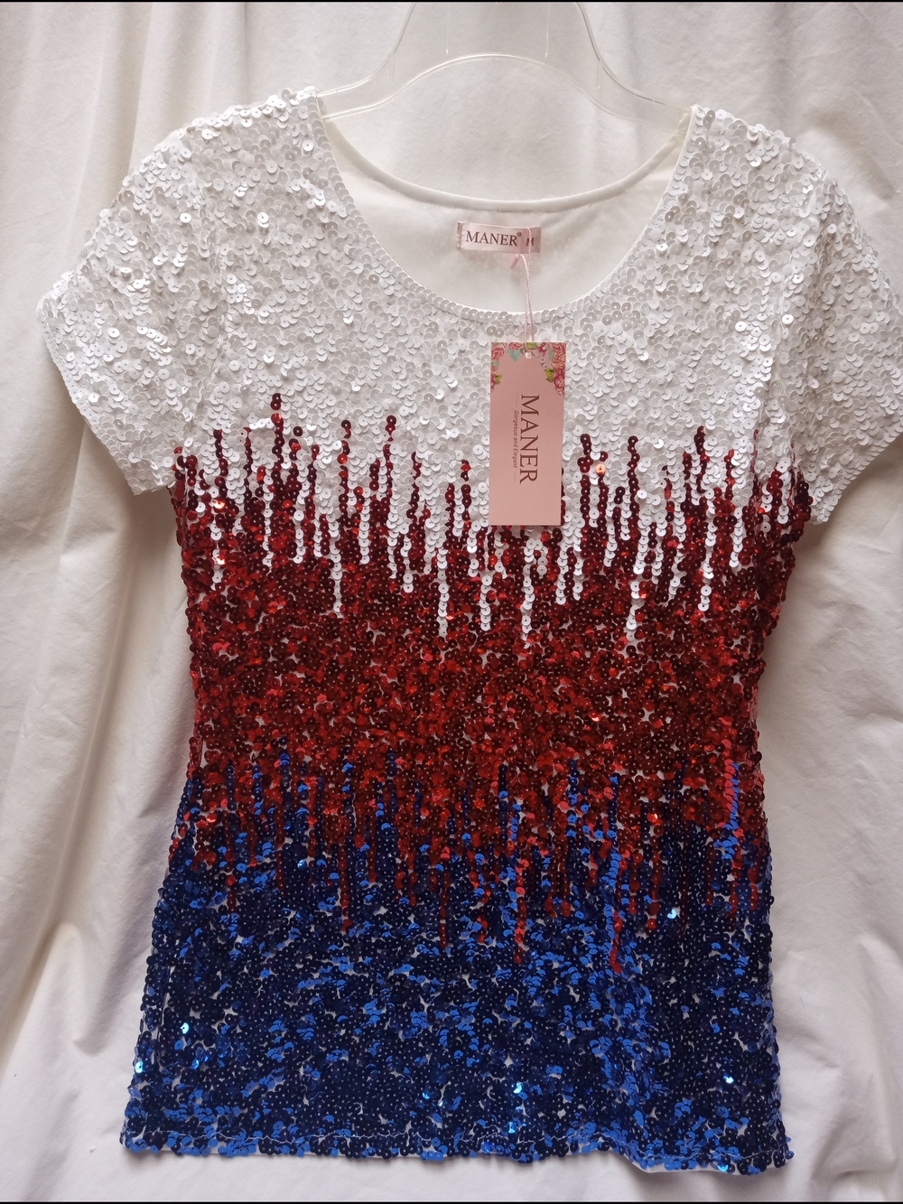 Maner Short Sleeve Patriotic Sequin Top